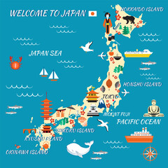 Japan cartoon travel map vector illustration, japanese symbol sakura, pagoda, umbrella, fan, geographic banner template, colorful symbol, adventure, decorative travel card, design for touristic poster