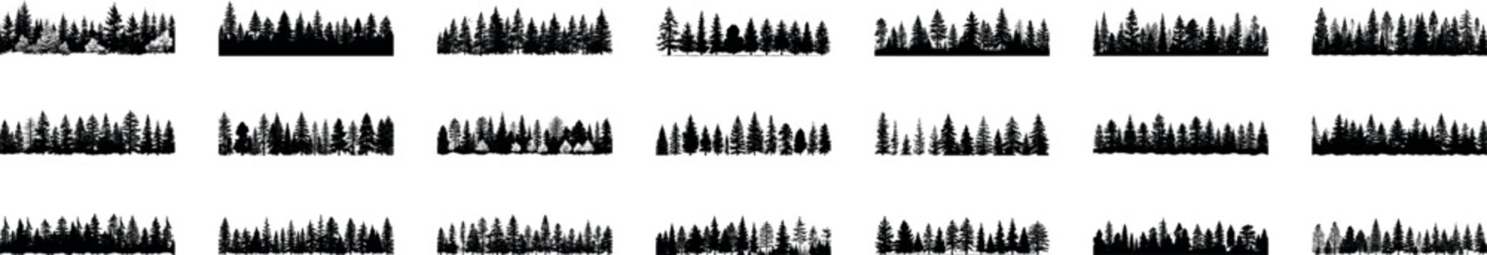 Sets of vector black and white forest icons depict trees, leaves, and wildlife silhouettes for versatile design use.