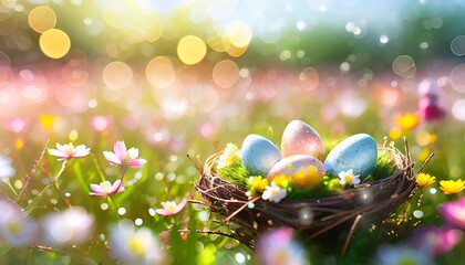 Osternest mit bemalten Ostereiern in einer Blumenwiese mit buntem Bokeh - 695800829