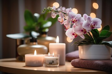 Tranquil Spa Interior: Serene Images of Relaxing Ambiance with Candles, Oils, and Soft Lighting