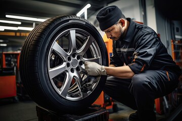 Fototapeta na wymiar Professional mechanic expertly mounting car wheel with specialized equipment