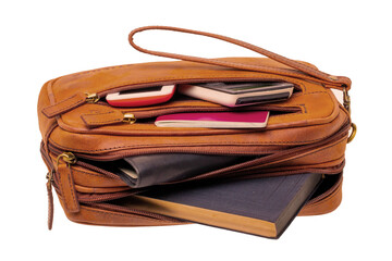 Leather handbag isolated. Close-up of brown businessman luxury leather wrist handbag. Fashionable...