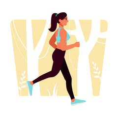 Young Woman Running in a Park. Active Healthy Lifestyle Concept, Cardio Workout, Marathons. Flat Vector Illustration Isolated on White Background.