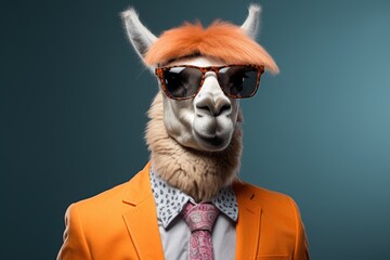 Llama in a casual suit with trendy sunglasses, looking cool