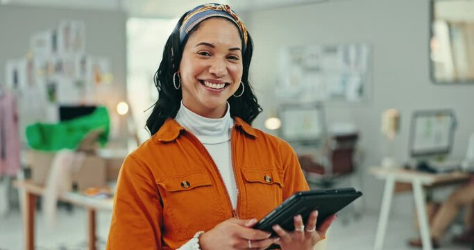 Small business, face or woman with tablet for logistics, ecommerce or sales in office. Digital, startup or portrait of store owner with app for cargo, communication or retail stock procurement search