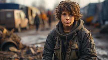 homeless sad kid in refugee camp.