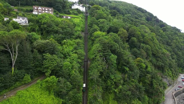 Drone shot of Lynton and Lynmouth Cliff Railway, North Devon, England, UK