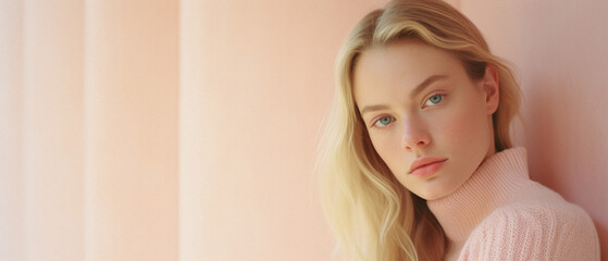 Obraz premium Portrait of a beautiful young woman with blond hair in a pink sweater