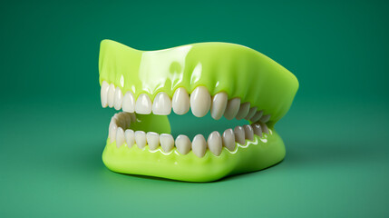 Dentures on a green background. Adhesive paste.