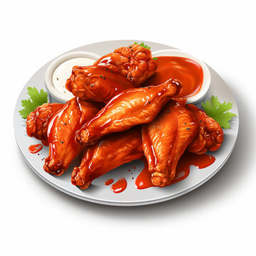 Grilled chicken wings with ketchup and mayonnaise isolated on white background.