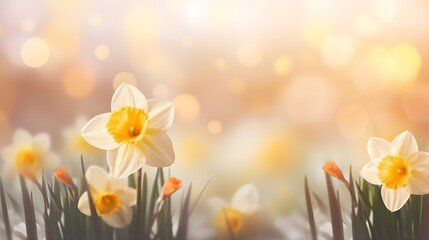 Daffodils on a light background with beautiful bokeh.
