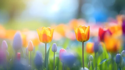 Fotobehang Tulips on the field, copy space. Spring background. © Галя Дорожинська