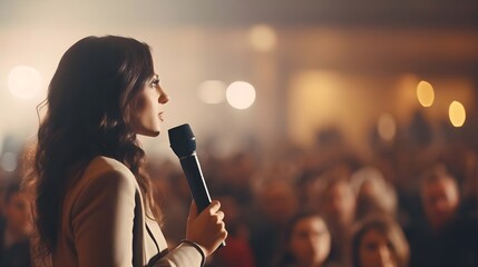 A female speaker is speaking in front of an audience.