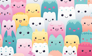 Whimsical Kawaii Delight: A Playful Pattern of Funny and Cute Characters