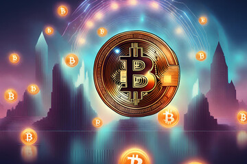 illustration bitcoin virtual currency, economy. Virtual Monte born at the end of 2008
