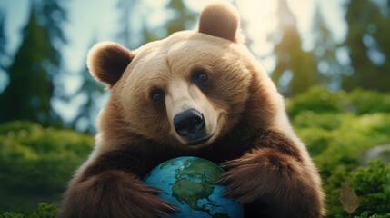 Bear Hugging Embracing Planet Globe Earth for Nature Protection, Earth Day, World Environment Day, Save th World. Zero Carbon Dioxide Emissions