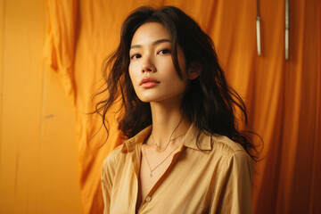 Portrait of a beautiful asian woman in a yellow shirt .