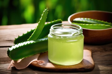 Aloe Vera Gel And Jar On Wooden Table Natural And Rustic - obrazy, fototapety, plakaty