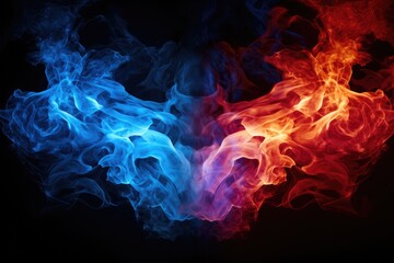 Vibrant Red And Blue Fire Illuminated On A Black Background