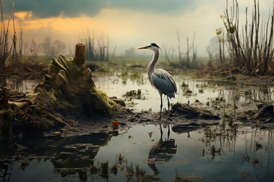 Great Egret in coastal polluted wetlands. World Wetlands Day. World Wetlands Day, February 2. Watercolor painting style