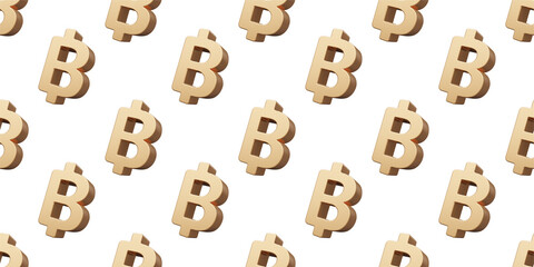 3d finance seamless pattern of golden shine sign of bitcoin on white color background. 3d render design of business illustration