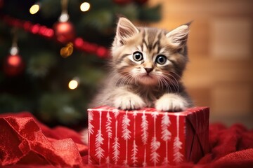 Kitten In Gift Box With Christmas Tree In The Background
