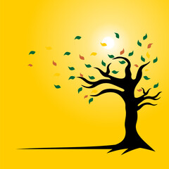 Black silhouette of a tree trunk with twigs and colorful fallen leaves. Suitable for backgrounds, designs, wallpapers. Isolated on yellow background. Vector Illustrations