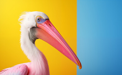 Fototapeta premium Creative animal concept. Pelican peeking over pastel bright background.