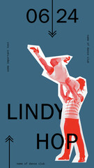 Invitation to lindy hop dance class. Young people dancing retro dace. Dance school ad. Contemporary art collage. Concept of retro style, dancing activity, invitation, entertainment, party. Poster