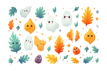 Cartoon pattern with ghosts leaves and stars. Vector illustration design.