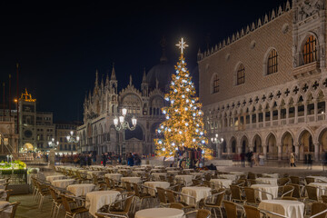 Venice, Italy: Christmas tree with lights in San Marco square in the evening
- 695806494