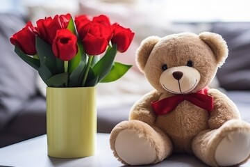 cute fluffy brown teddy bear with a bouquet of red roses