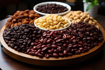 Fototapeta premium Photo of various roasted coffee beans of various degrees of roasting on a wooden surface, choose the perfect roasting of coffee beans, generative AI