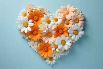 A romantic composition of daisies forming a heart, symbolizing love and nature's beauty in a fresh, light blue background.
