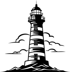 Lighthouse silhouette in black color. Vector template design for laser cutting wall art.
