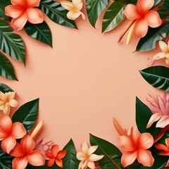 summer peach fuzz background with tropical leaves and flowers. space for text.