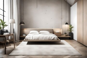 A minimalist bedroom featuring a sleek platform bed, clean lines, and neutral colors that create a serene atmosphere.