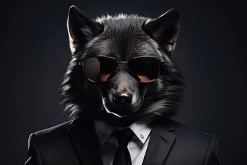 Schilderijen op glas Wolf in a sharp black suit and modern sunglasses, sleek style © furyon