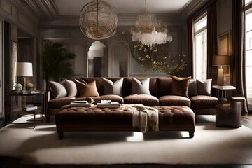 A cozy chocolate brown ottoman doubling as a chic accent piece.