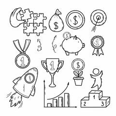 Successful teamwork. Set of icons for business. Vector illustration in doodle style.