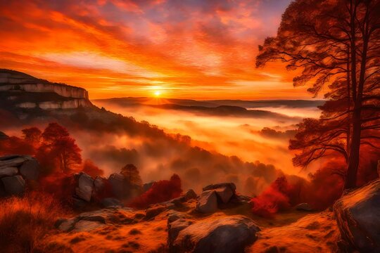 A stunning, fiery sunrise painting the sky and casting a golden glow over a mist-covered valley.