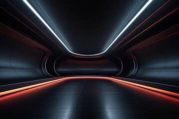 Dark Futuristic Modern Garage Showroom Tunnel Corridor. Generative AI