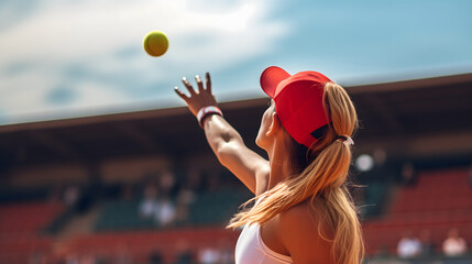 Female Tennis Player Serving Ball Action Shot