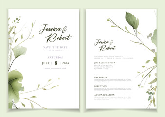 Wedding invitation card background with line art, watercolor flower and botanical leaves, organic shapes. Floral poster, invite card template