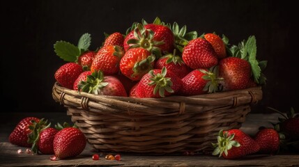 Closeup Fresh Red Strawberries in a bamboo basket with blur background