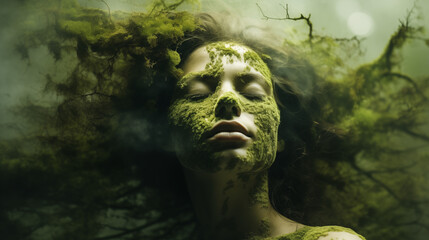 Woman lies on moss in the forest and merges with the ground and moss, ai generative 
