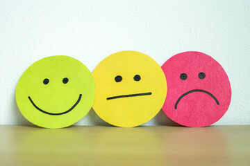 Three emoji with different expressions. Negative, neutral and positive smiliey faces. Satisfaction...