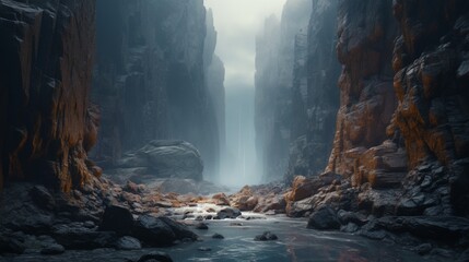 "Foggy Elegance: A Serene Waterfall Retreat" - Powered by Adobe