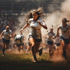 A Triumphant Goal: A Woman Football Player's Celebration in a Vibrant Stadium - obrazy, fototapety, plakaty