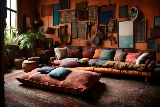 A bohemian-style living space with floor cushions and a blank frame complementing the eclectic decor.